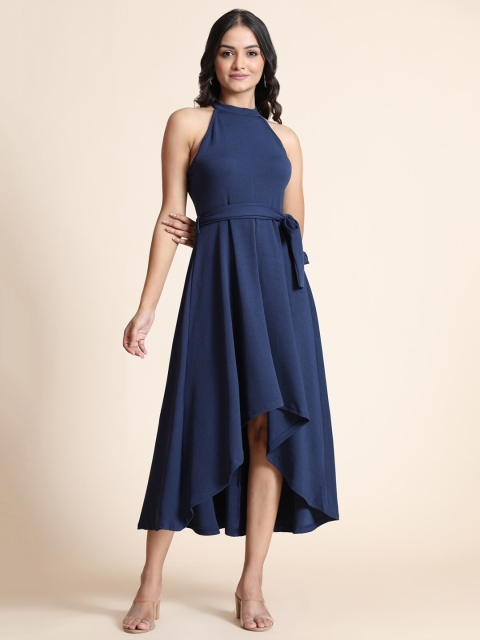 

JAPESH Blue Choker Neck Midi Dress