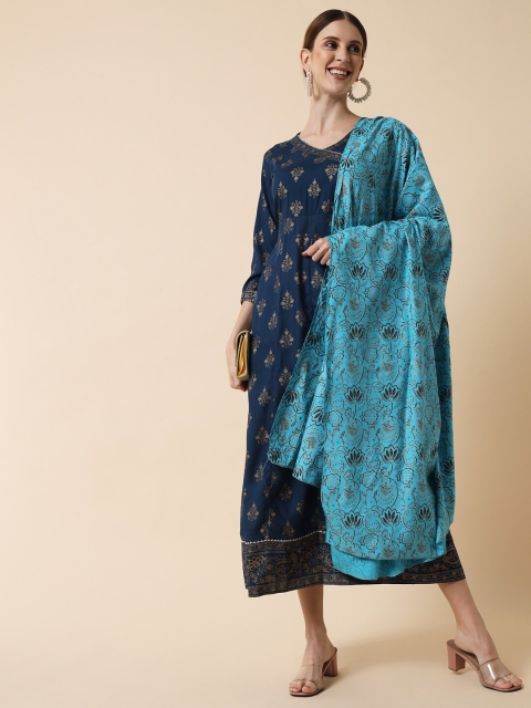

Meeranshi Navy Blue Ethnic Motifs A-Line Midi Dress