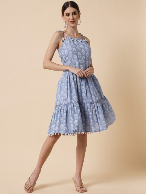 

Meeranshi Blue Floral Tiered Fit & Flare Dress