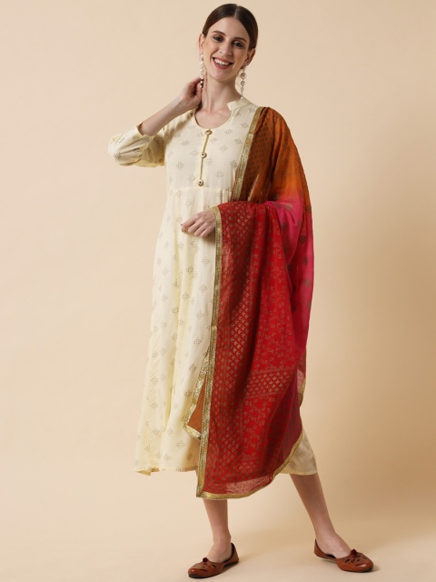 

Meeranshi Beige Ethnic Motifs A-Line Midi Dress With Dupatta