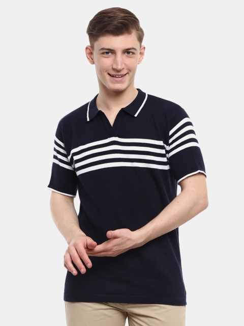 

V-Mart Men Navy Blue Striped Polo Collar Slim Fit T-shirt