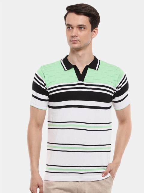 

V-Mart Men Green, White & Black Striped Polo Collar Slim Fit T-shirt
