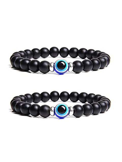 

stripes Unisex Black beads with Blue evil eye Bracelet