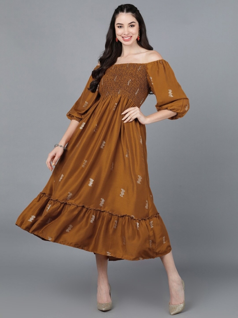 

AHIKA Mustard Yellow Ethnic Motifs Off-Shoulder Crepe Ethnic A-Line Midi Dress