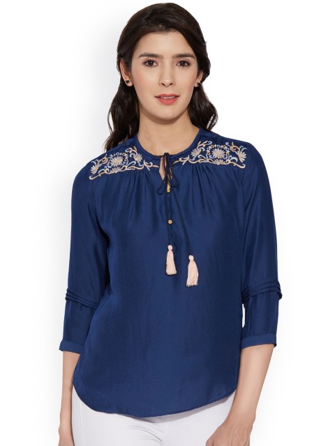 

Kraus Jeans Women Blue Solid Top with Embroidered Detail