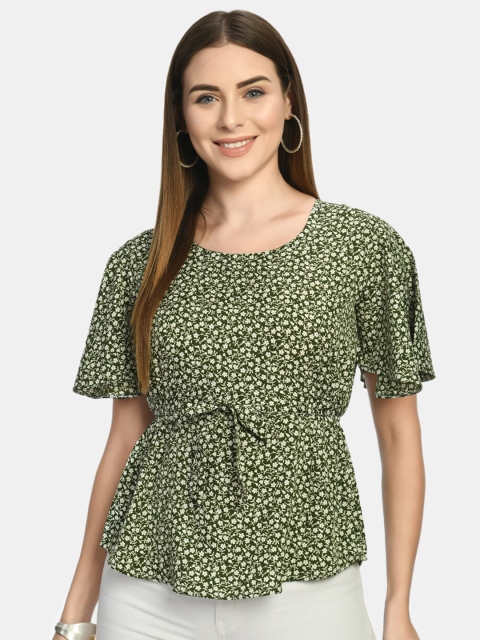 

Akshatani Women Green & White Floral Print Crepe Cinched Waist Top