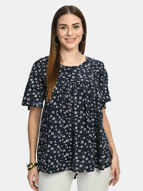 

Akshatani Women Blue & White Floral Print Round Neck Crepe Top