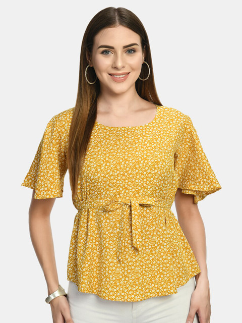 

Akshatani Mustard Yellow & goldenrod Geometric Print Crepe Cinched Waist Top