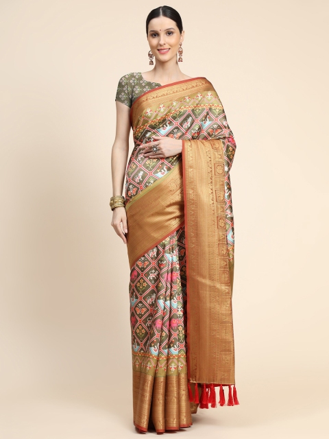 

KALANANDI Lime Green & Red Ethnic Motifs Zari Silk Blend Patola Saree