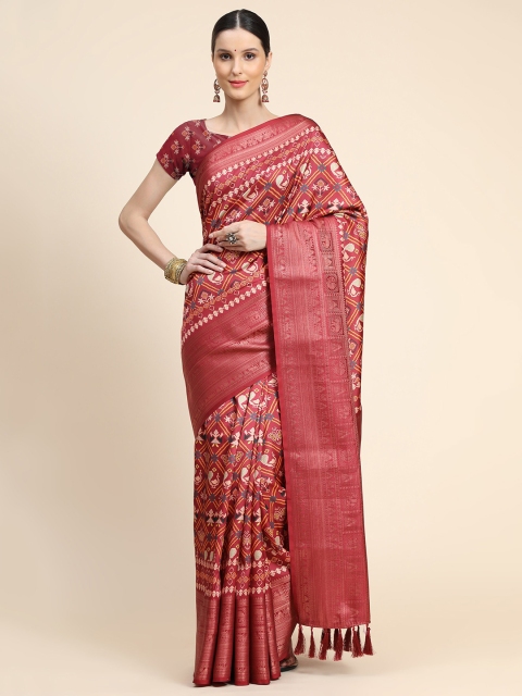 

KALANANDI Maroon & Gold-Toned Floral Zari Silk Blend Patola Saree