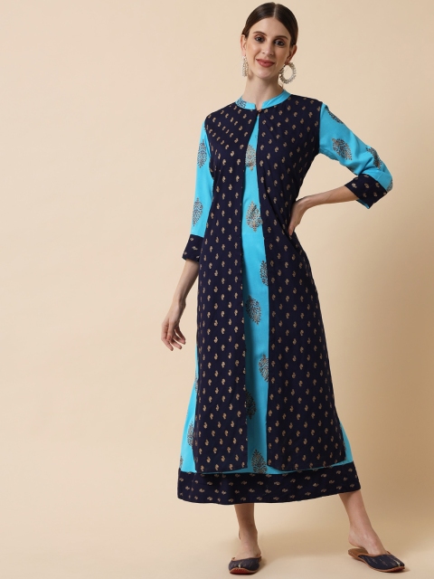 

Meeranshi Women Navy Blue Geometric Keyhole Neck Thread Work Floral Kurta