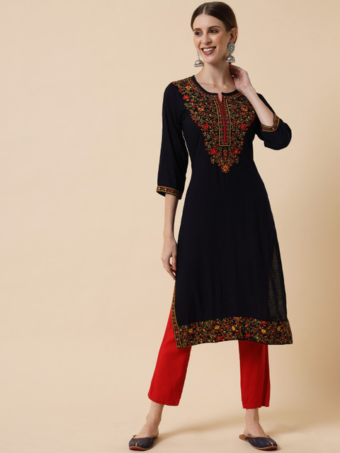 

Meeranshi Women Navy Blue Ethnic Motifs Yoke Design Thread Work Kurta