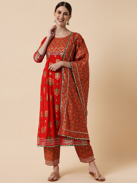 

Meeranshi Women Red Ethnic Motifs Printed Panelled Gotta Patti Kurti with Trousers & With Dupatta