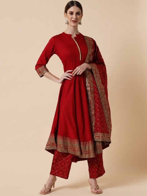 

Meeranshi Women Maroon Layered Kurta with Trousers & With Dupatta