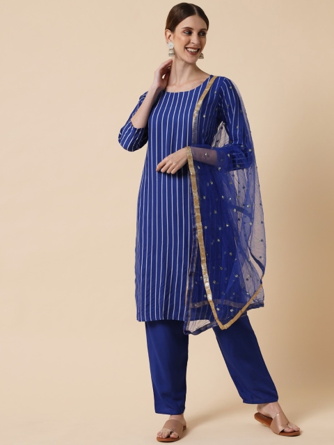 

Meeranshi Women Blue Striped Gotta Patti Kurta with Salwar & With Dupatta