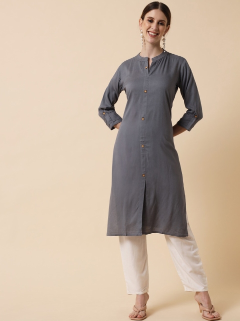 

Meeranshi Women Grey Angrakha Kurti with Trousers