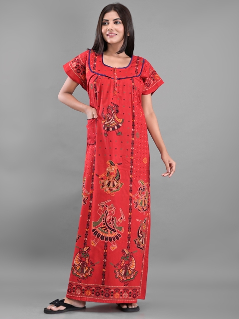 

Apratim Women Red Ethnic Printed Maxi Nightdress