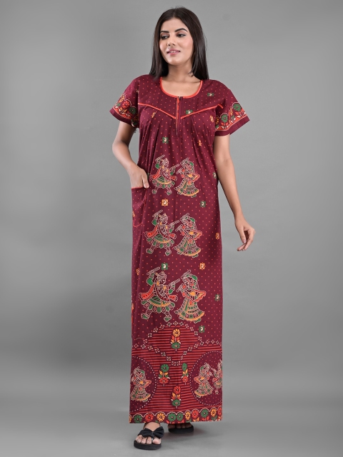 

Apratim Maroon Printed Maxi Nightdress