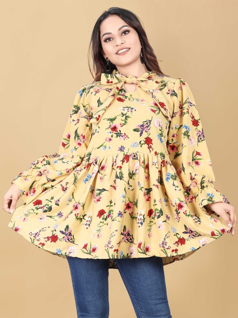 

WEAVETECH IMPEX Yellow & wheat Floral Print Bishop Sleeves Crepe Top