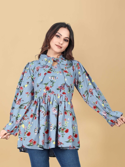 

WEAVETECH IMPEX Turquoise Blue Floral Print Crepe Shirt Style Longline Top