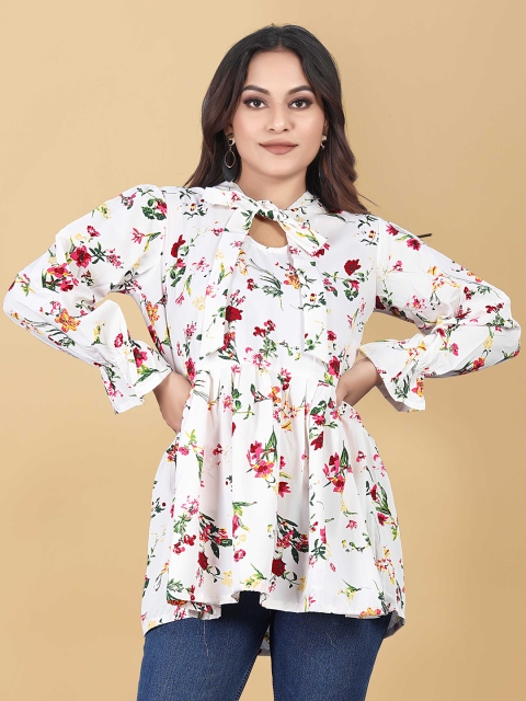 

WEAVETECH IMPEX White & light cyan Floral Print Crepe Top