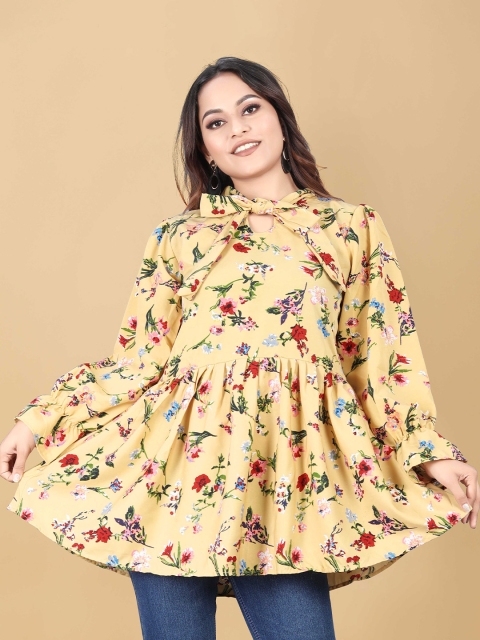 

WEAVETECH IMPEX Yellow Floral Print Bishop Sleeves Crepe Top