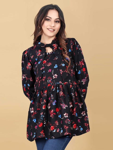 

WEAVETECH IMPEX Black Floral Print Tie-Up Neck Crepe Top