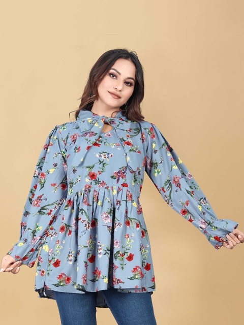 

WEAVETECH IMPEX Turquoise Blue & desert dust Floral Print Crepe Shirt Style Longline Top