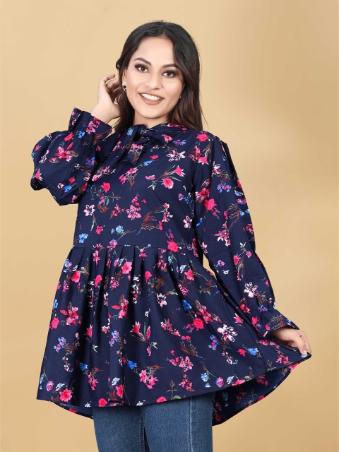 

WEAVETECH IMPEX Blue & space cadet Floral Print Crepe Top