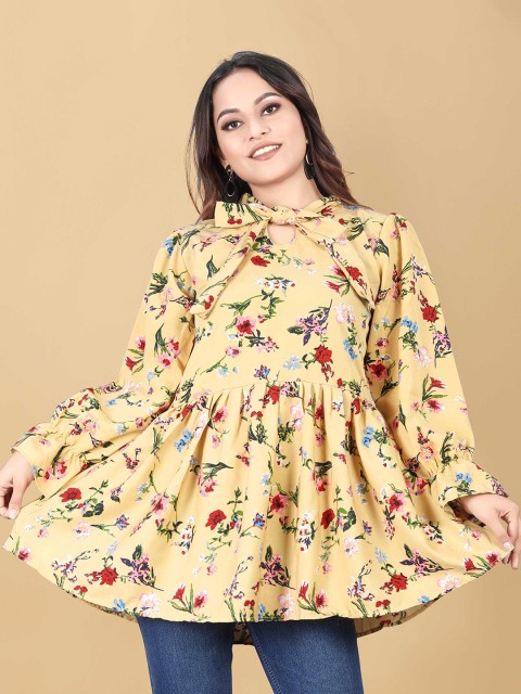 

WEAVETECH IMPEX Yellow & Red Floral Print Tie-Up Neck Crepe Empire Top