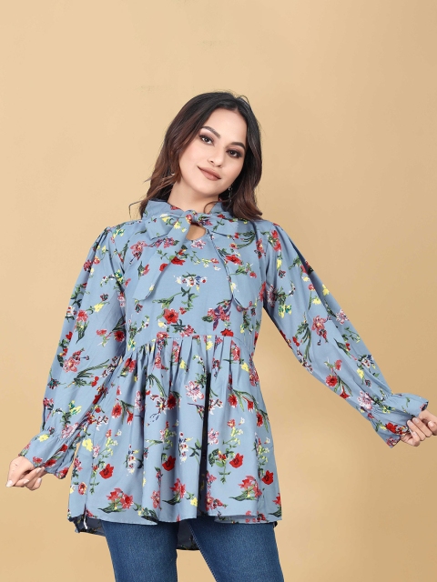 

WEAVETECH IMPEX Turquoise Blue & Red Floral Print Crepe Shirt Style Longline Top