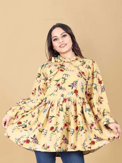 

WEAVETECH IMPEX Yellow Floral Print Tie-Up Neck Bishop Sleeves Crepe Top