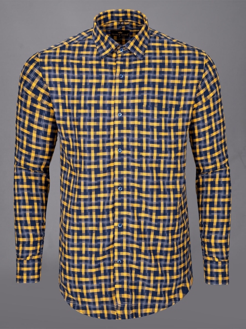 

FRENCH CROWN Men Yellow & Blue Standard Checked Formal Shirt