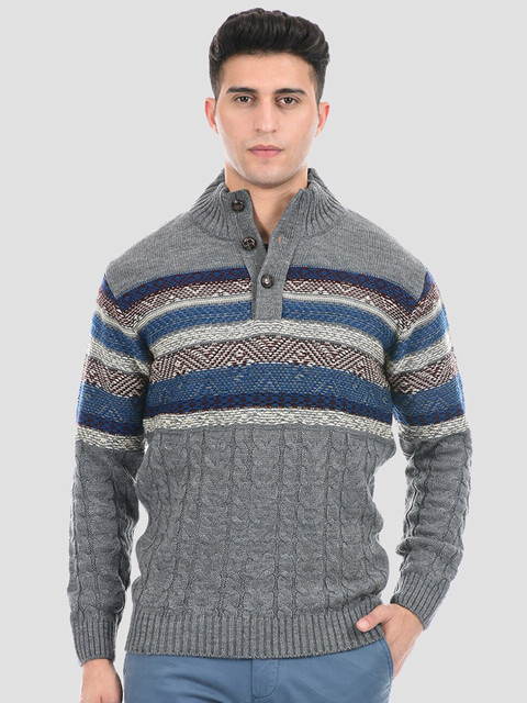 

LONDON FOG Men Grey & Blue Speckled Striped Pullover