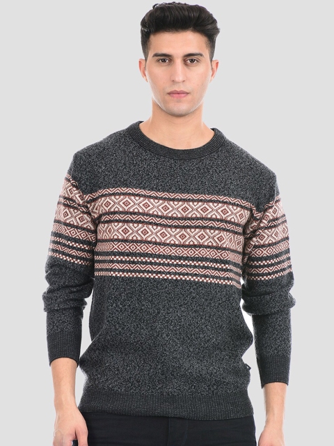 

LONDON FOG Men Grey & Maroon Striped Pullover