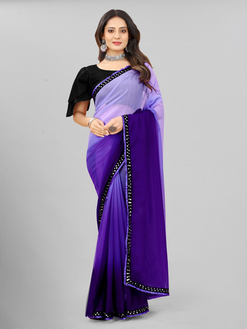 

Omicron Fab Purple Ombre Mirror Work Pure Georgette Saree