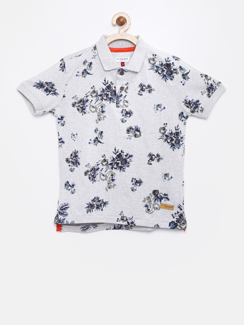 

U.S. Polo Assn. Kids Boys Grey Melange Floral Print Polo Collar T-shirt
