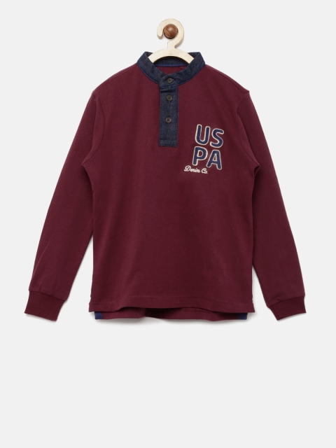 

U.S. Polo Assn. Kids Boys Burgundy Printed Henley T-shirt with Appliques