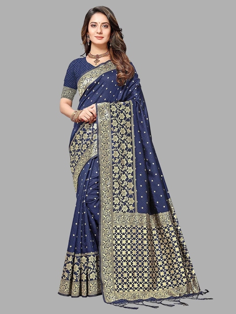 

RIVAMA Blue & Gold-Toned Woven Design Zari Silk Cotton Banarasi Saree
