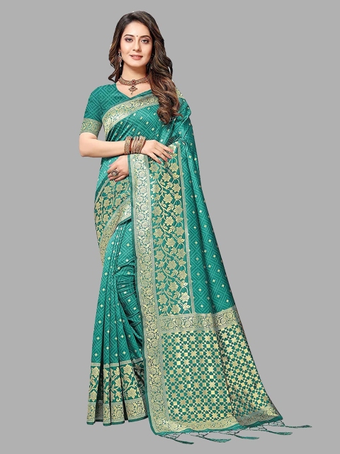 

RIVAMA Lime Green & Gold-Toned Woven Design Zari Silk Cotton Banarasi Saree