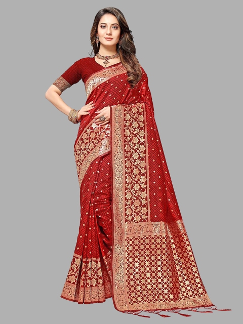 

RIVAMA Red & Gold-Toned Woven Design Zari Silk Cotton Banarasi Saree