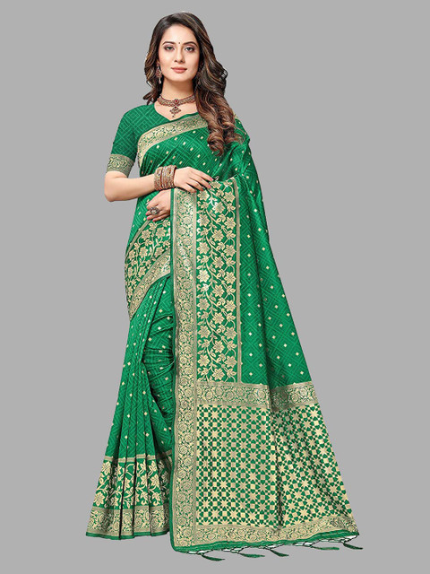 

RIVAMA Green & Gold-Toned Woven Design Zari Silk Cotton Banarasi Saree