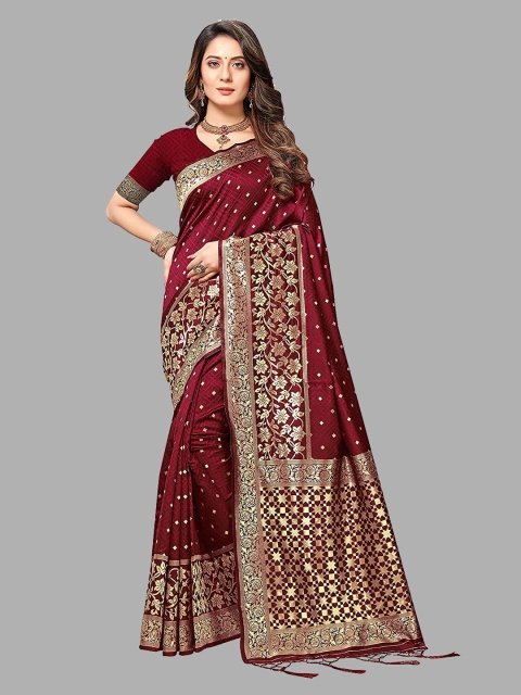 

RIVAMA Maroon & Gold-Toned Woven Design Zari Silk Cotton Banarasi Saree