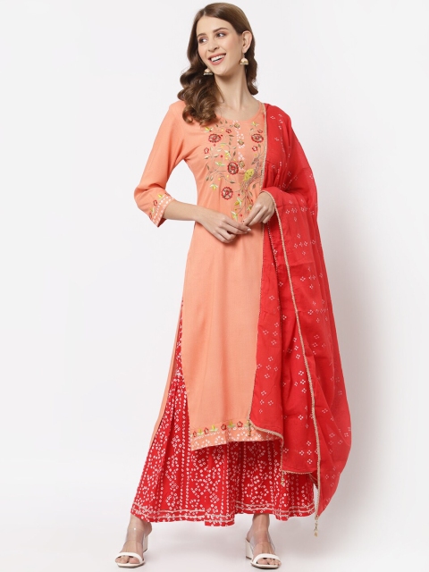 

YELLOW CLOUD Women Red Embroidered Kurta with Palazzos & With Dupatta