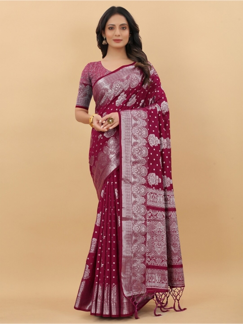 

PRASTHAN Maroon & Silver-Toned Woven Design Zari Silk Cotton Banarasi Saree