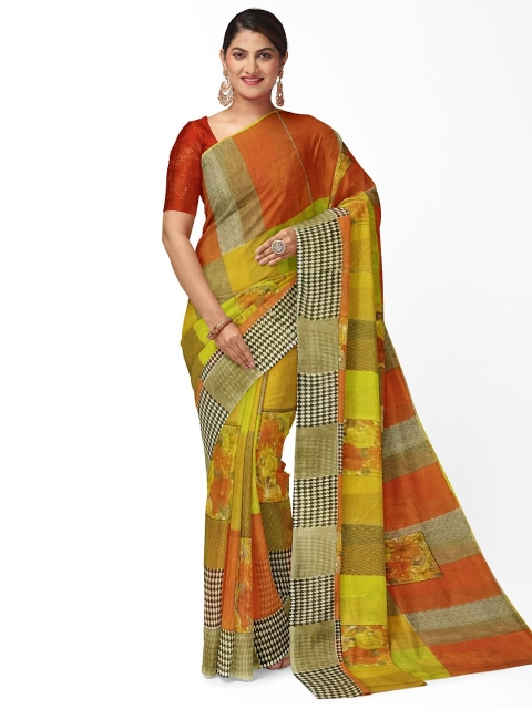 

Florence Yellow & Green Ethnic Motifs Pure Georgette Fusion Dharmavaram Saree