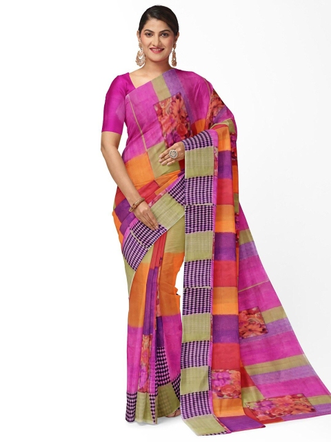 

Florence Pink & Yellow Ethnic Motifs Pure Georgette Fusion Dharmavaram Saree