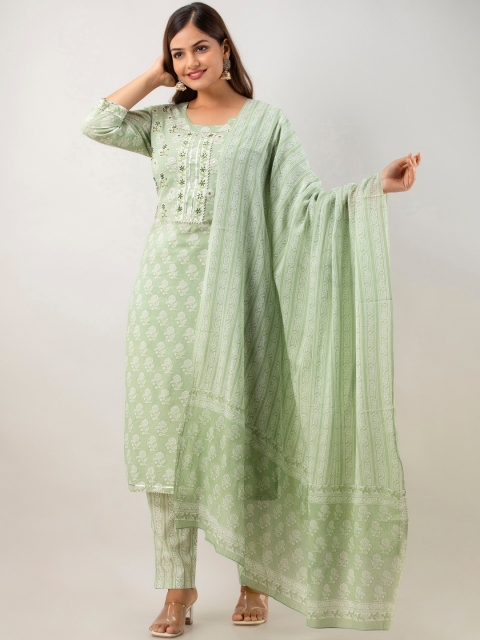 

Lee Moda Women Green Embroidered Kantha Work Pure Cotton Kurta with Churidar & With Dupatta