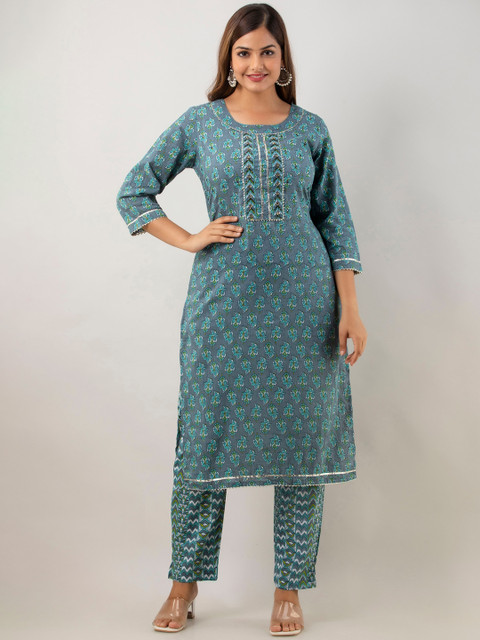 

Lee Moda Women Grey Ethnic Motifs Embroidered Kantha Work Pure Cotton Kurta with Trousers