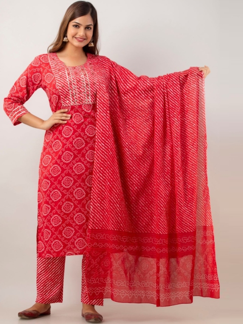 

Lee Moda Women Red Ethnic Motifs Printed Pure Cotton Kurta with Palazzos & Dupatta
